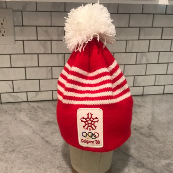 Olympic Games Accessories - 80s Calgary Olympic Beanie Toboggan Red Sweater White Puff Ball Sports Ski Snow